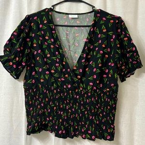 Abound Black Smocked Floral Blouse with Tulips and V-Neck in Size Large